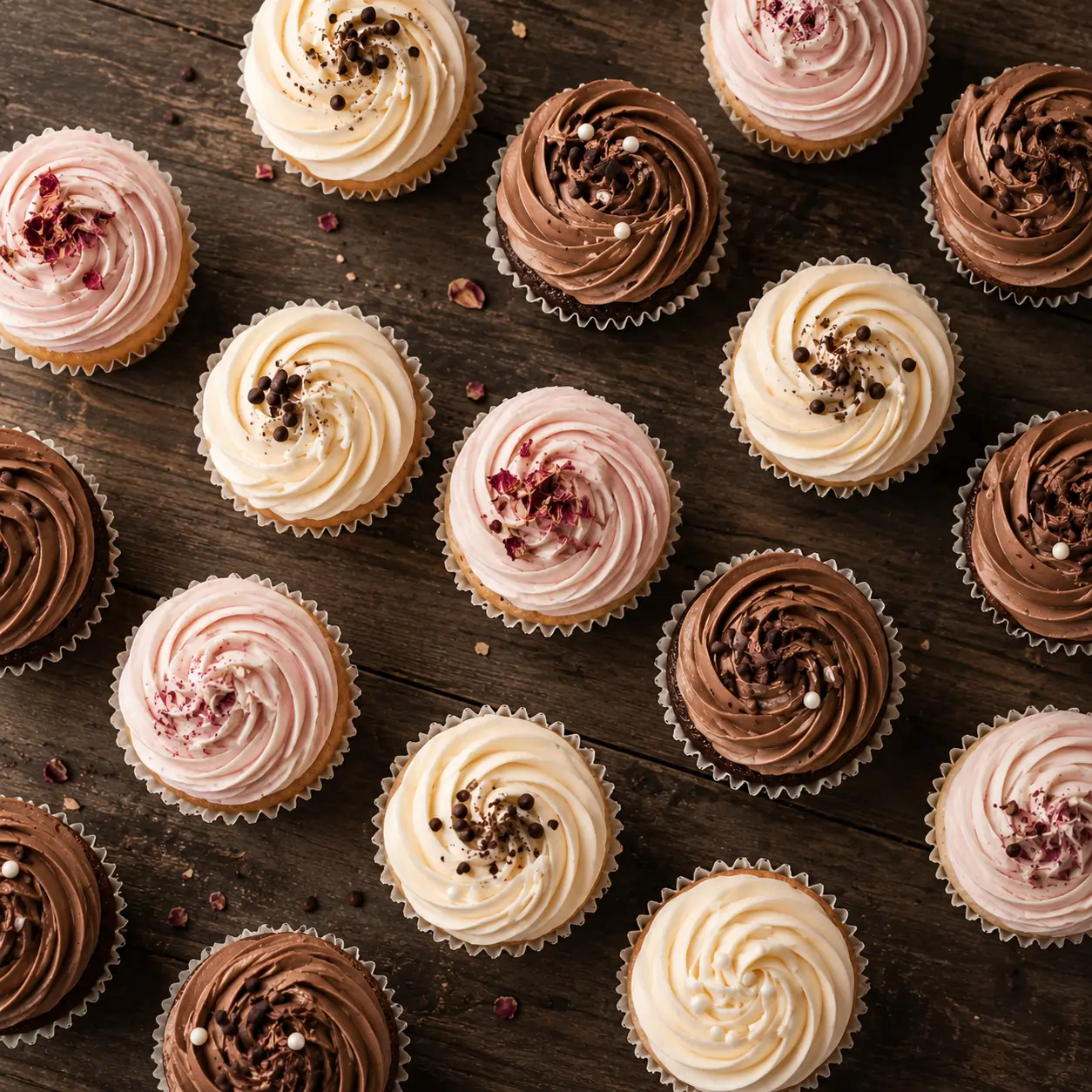 Muru signature cupcakes — vanilla, chocolate, and rose cream